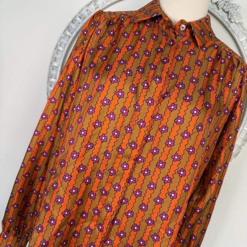 Lisou Womens Eliza Blouse Shirt Orange Floral Zigzag Silk London Blokecore US 6